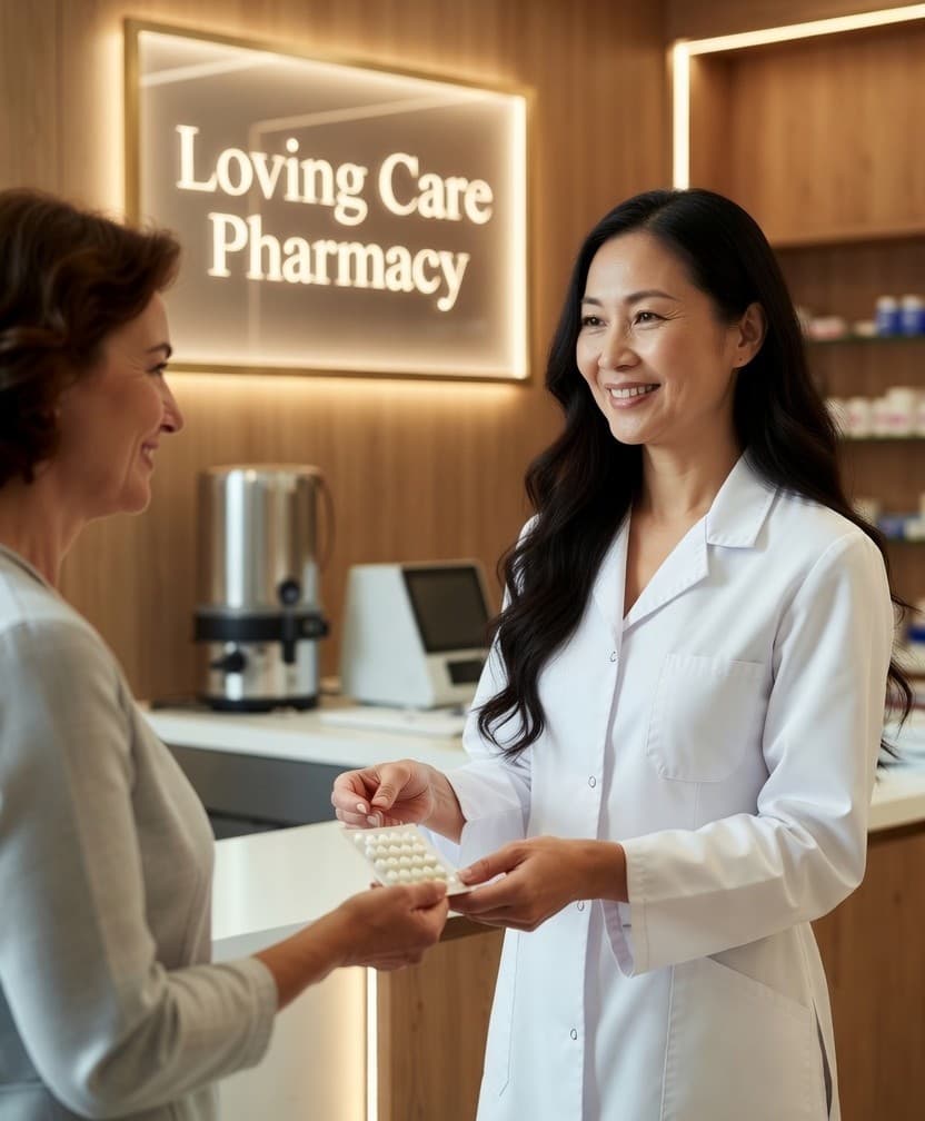 Pharmacist at Loving Care Pharmacy assisting a patient at the pharmacy counter.